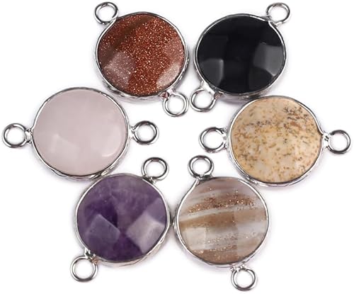 Miniatura 2 de 10 piezas de conectores de piedra natural forma redonda facetada de aleación plateada con borde curativo de ágata de cristal para hacer joyas,