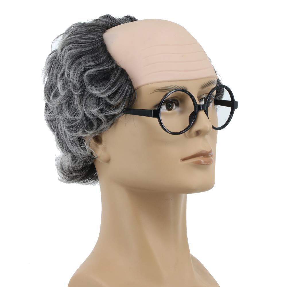 Yuehong Short Curly Gray Old Men Bald Head Wig Fluffy Receding Hairline Costumes Cosplay Wig with Heat Resistant Synthetic Fibers (Gray) - Image 3