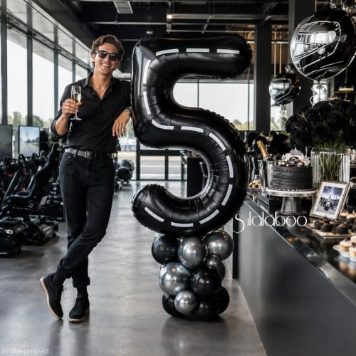 Image of Race Car 40 Inch Black 5 Big Large Helium Balloon Number 0-9 | Track Giant Digital 5th Foil Mylar Party Balloons for Men Birthday Car Theme Party Anniversary Graduation Decorations