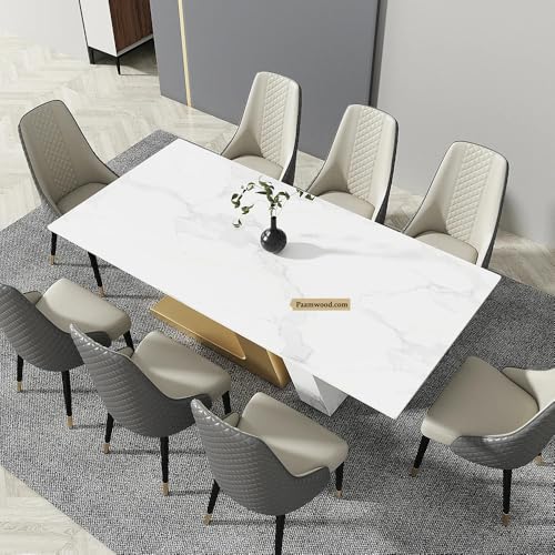 Image of PAAMWOOD Premium 8-Seater Top Dining Table - 84 inchx36 inchx30 inch | White Nano Composite Stone with Solid Wood Z-Shaped Base & Golden Acrylic Finish | Modern Luxury Dining Furniture