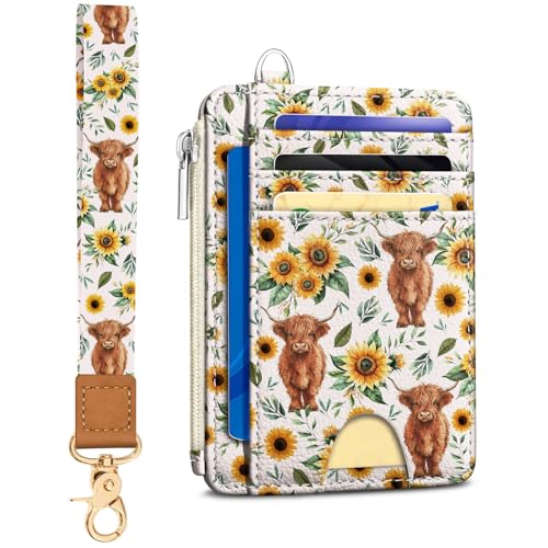Image of Kelvoris Highland Cow Slim Wallet Women Credit Card Holder, Small RFID Cute | Keychain, Zipper Coin Pocket, Front Pocket Thin Travel Card Case, Minimalist, 6 Card Slots, 1 ID Window, Ladies Gifts Woman