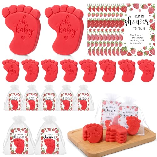 Image of 50 Sets Baby Shower Soap Favors for Guests - Mini Handmade Footprint Scented Soap with Thank You Cards and Organza Bag, Party Gifts for Gender Reveal Baptism(Strawberry,Red)