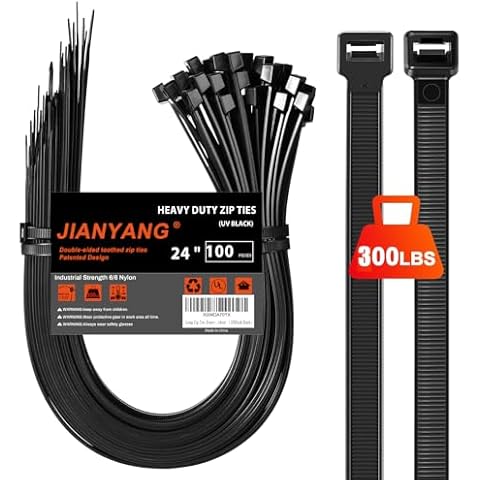 Long Zip Ties Heavy Duty 24 inch，300 LBS Tensile Strength With Double Sided Toothed Super Durable Cable Ties ，Extra Large Wire Ties Adjustable Nylon Tie Wraps for Indoor Outdoor （100Pack Black） Cover