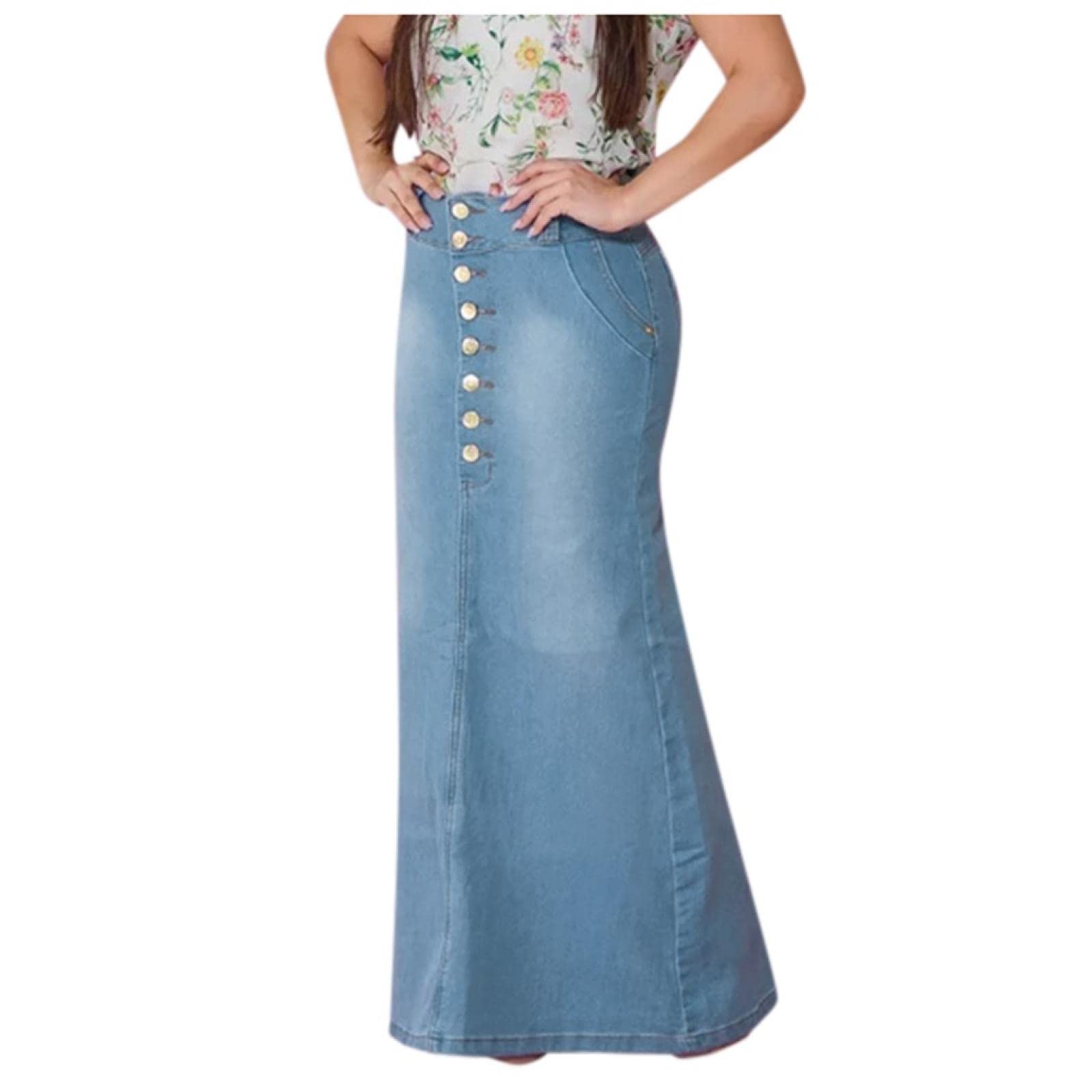 WQZYY&ASDCD Bleistiftrock Röcke Damen Casual Front Button Washed Denim A-Linie Röcke Langer Jeansrock Casual Rock