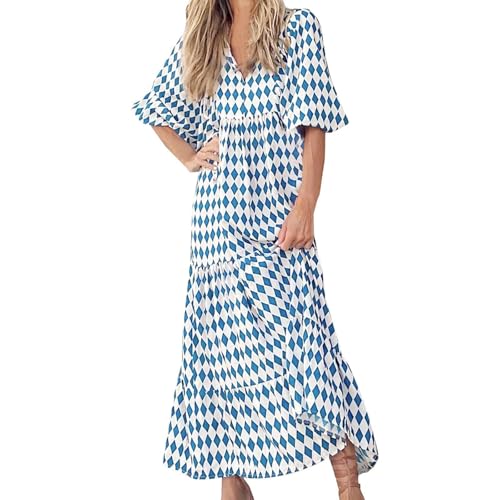 Boho Maxi Dresses for Women Floral Half Sleeve Long Dress Casual Loose Fit Geometric V Neck Tiered Flowy Dress
