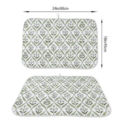 Boho Dish Drying Mat 18x24 Inches For Kitchen Counter Block Print Green Floral Kitchen Decoration Drying Mat Modern Decorative Flower Drying Pad Mat for Home Kitchen Decor,Dining Room,Office by OFIRD - Used condition - Image 2