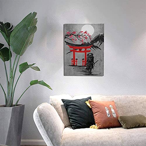 Armored Samurai Canvas Wall Art Torii Canvas Painting For Wall Cool Prints For Home Office Sakura Pictures Modern Japanese Culture Artwork Poster Framed Wall Decor For Bedroom Living Room 12X16 Inch #TOP3