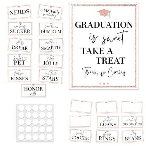 OIQERTTD 2026 Graduation Candy Bar Sign Decorations, 20 Graduation Candy Buffet Labels, 1 Rose Gold Glitter Candy Buffet Poster, Graduation Party Decor Supplies - A05