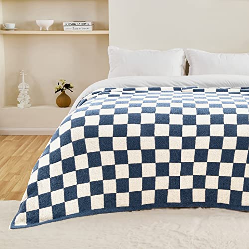 Image of CozeCube Dusty Blue White Reversible Checkered Knit Throw Blanket 60 inchx80 inch