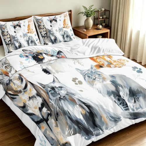 Housse couette 200x200 chat linge de lit double microfibre blanc zippé - 3