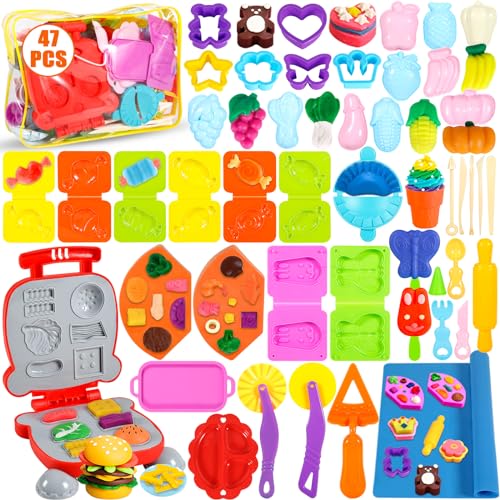Frasheng Juego de Plastilina, Herramientas Plastilina para Niños, 47 Piezas de Moldes plastilina para Crear Hamburguesa,Pizza y Pasta, Accesorios de Arcilla de Modelado,con Bolsa de Almacenamiento