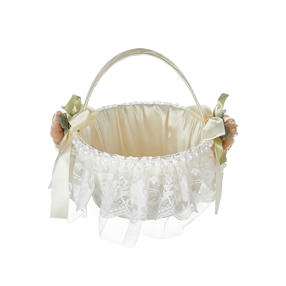 Wedding Flower Basket, Satin Lace Petal Holder Basket with Sturdy Handle Lightweight white Candy Baskets for Wedding & Ceremony