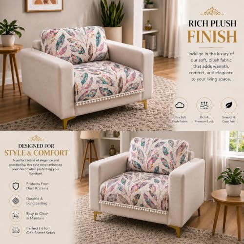 Image of Homerz Premium Printed Quilted Velvet Sofa Slip Cover Protector with Tassels, Sofa Mat, Exact Size, Antislip Cover (Multileaf, 1 Seater, Full)