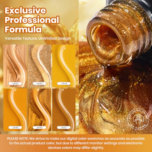 Image of Beetles Fall Gel Polish Set, Retro Honey Gold Glitter Cat Eye Soak Off Gel | 6 Colors Mustard Yellow Amber Brown With Shimmer And Magnetic Effects, UV LED Cure DIY Manicure
