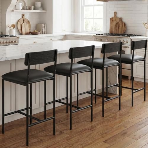 GarveeHome Bar Stools Set of 4, Upholstered Counter Height Bar Stools with Backrest and Footrest, Kitchen Barstools for Island, Counter Bar, Easy Asse