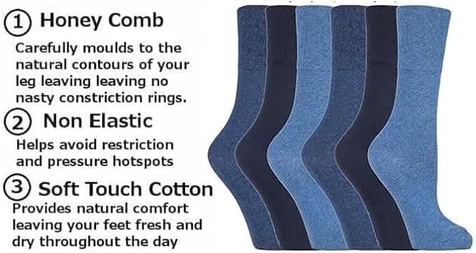 ITRAT Diabetic sock for Woman Non Elastic Wide Honey Comb Top Soft Cuff Ankle Wide Grip Odema Friendly Non Binding Circulatory For Swollen Feet legs Size 4-7 (Blues Mix 6 works) - Image 2