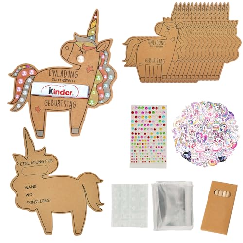 Cartões de convite de unicórnio para aniversário infantil, conjunto de trabalhos manuais com 6 lápis de cor, autocolantes de estrias e 50 autocolantes de unicórnio, convites de aniversário