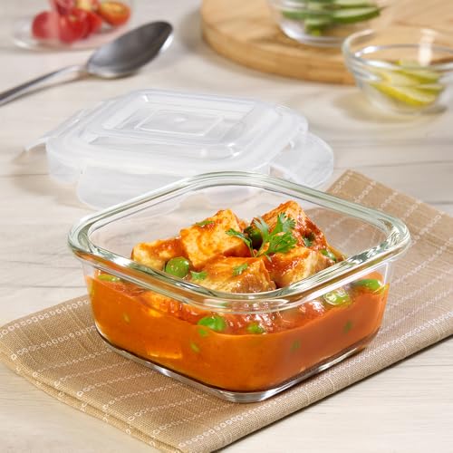 Borosil Klip N Store 400ml Square Glass Food Storage Container wi...