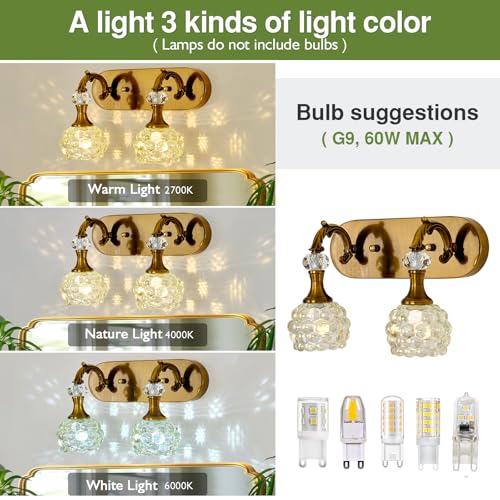 Image of 2 Light Vintage Vanity Light Gold Bathroom Lighting Fixtures Over Mirror Wall Sconce with Glass Shade