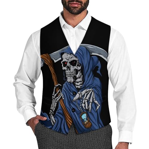 Reaper Grim with Hourglass Men's Suit Vest Slim Fit V-Ncek Waistcoat Business Casual Vest
