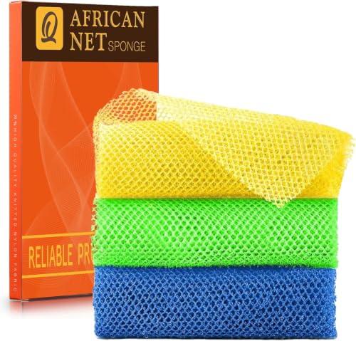 Image of UJFQBH 3 Pieces African exfoliating net African Net Long Net Bath Sponge Exfoliating Shower Body Scrubber Back Scrubber Skin Smoother,Great for Daily Use (Yellow, Green, Blue)