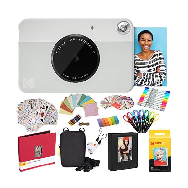 KODAK Printomatic Instant Camera (Grau) Komplettpaket + Zinkpapier (20 Blatt) + Luxusetui + Fotoalbum + 7 Aufklebersätze + Marker + Scheren + Randaufkleber und mehr