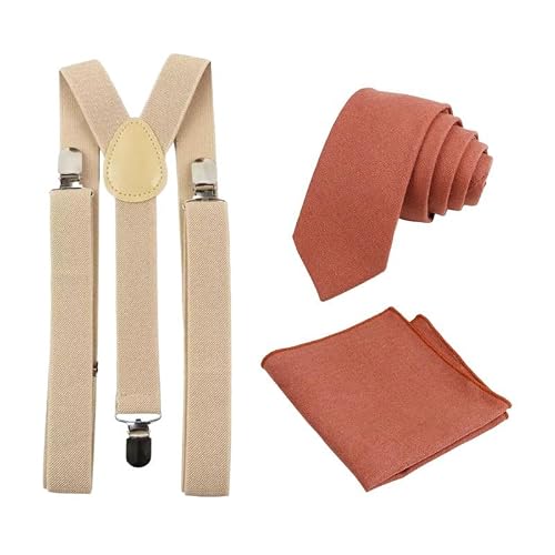 Men's Luxury Cotton Bow Tie & Pocket Square and Braces Set (Burnt Coral Tie and Pocket Square & Cream Braces)