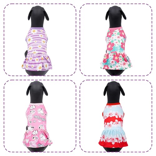 4PCS Dog Dresses Shirts for Small Dogs Girl Female Pink Purple Red Puppies Doggies Kittens Skirts Summer Clothes Pet Apparel Floral Sundress Small Daisy Unicorn Stretchable Outfit S - Image 6