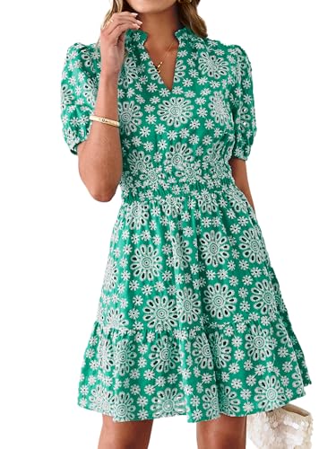 BerryGo Womens Summer Eyelet Mini Dress Beach Casual Embroidery Lace Puff Short Sleeve V Neck Boho Party Short Dresses(Green Large)