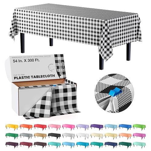 Image of Party Solids 54 Inch X 300 Feet Black Gingham Plastic Table Cover Roll in A Cut - to - Size Box with Convenient Slide Cutter. Cuts Up to 36 Rectangle 8 Feet Plastic Disposable Tablecloths