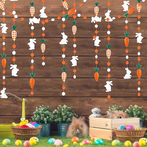 Image of Pinkblume Easter Party Decorations - Bunny Carrot Circle Dot Garland Streamer Hanging Paper Buffalo Plaid Carrot Polka Dot Rabbit Banner for Spring Day Party Supplies