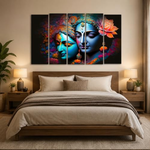 Image of KYARA ARTS Radha Krishna Wall Painting for Living Room Big Size with Wooden Frame | Premium Vinyl Print with Textured Finish | 5 Panel Framed Wall Hanging Art for Home Decor & Office (50 x 30 Inch)