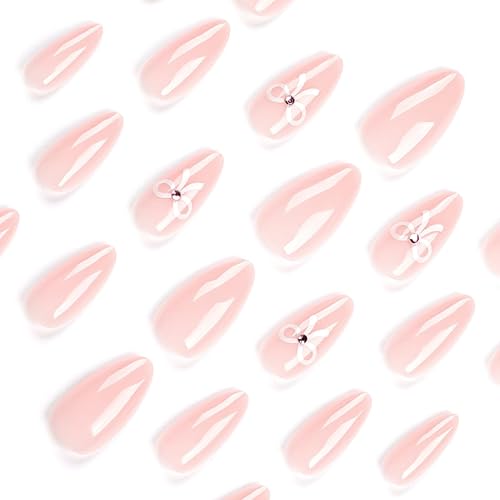 Miniatura 2 de Juego de 24 uñas postizas a presión color rosa almendra, uñas postizas cortas de primavera con diseño de lazo, cobertura completa, uñas postizas con
