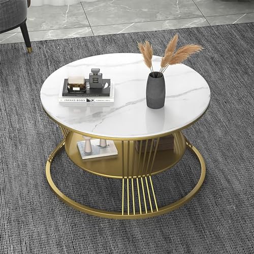 Image of Furnish Round Coffee Table Double Layer Marble Look, Wrought Iron Modren Storage Center Table for Living Room (White)