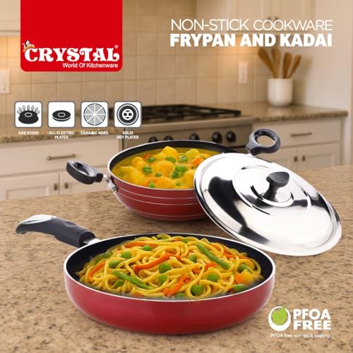 Image of Crystal Platinum Series 2 pcs Nonstick Cookware Set | 250mm Kadai + 250mm Fry Pan with Stainless Steel Lid | Thickness- 3mm | Metal Spoon Friendly
