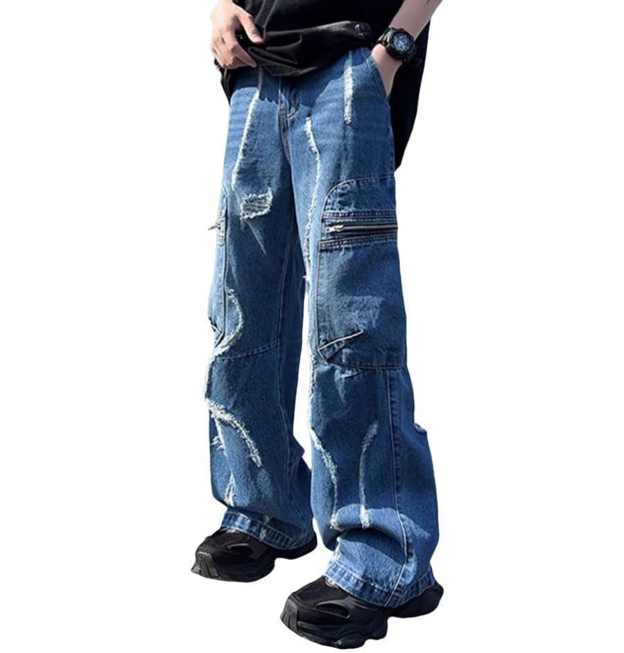Unisex Y2K Wide Leg Baggy Distressed Cargo Jeans – Vintage Washed Loose Fit Denim Streetwear Pants with Zipper Detail