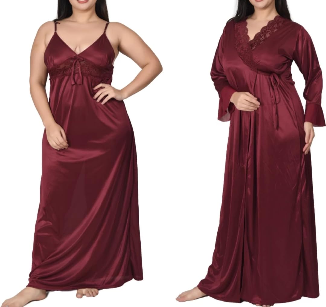 gwachi Women's Satin Solid Maxi Nighty Full Sleeve 1 Nighty, 1 Wrap Gown Night Dress Ladies-picture-44