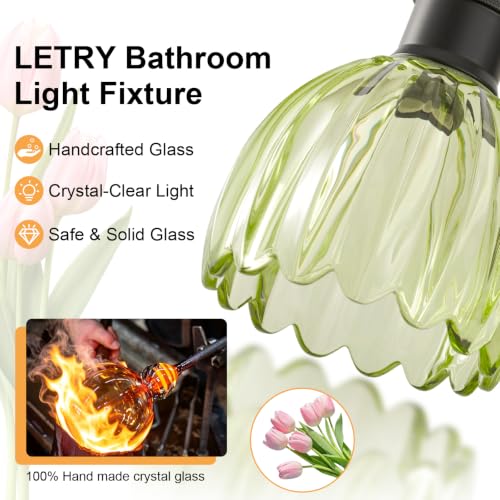 Image of Bathroom Light Fixtures, 3-Light Brushed Black Vanity Lights for Bathroom with Green Tulip Glass Shade, 20 inch Vintage Bathroom Vanity Lighting Fixtures Over Mirror for Bedroom Living Room Hallway