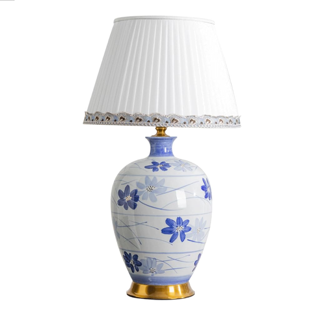 SANBDDLYY 27.5 Inch Hand-Painted Ceramic Table Lamp - Traditional Chinese Bedside Fabric Shade for Living Room, Bedroom, and Office