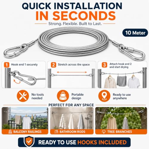 Image of 10 Metre Heavy-Duty Stainless Steel Clothesline Rope | Rust-Resistant Steel Cloth Drying Wire with Carabiner Hooks | Strong Dori for Balcony, Bathroom, Terrace, Indoor & Outdoor Use