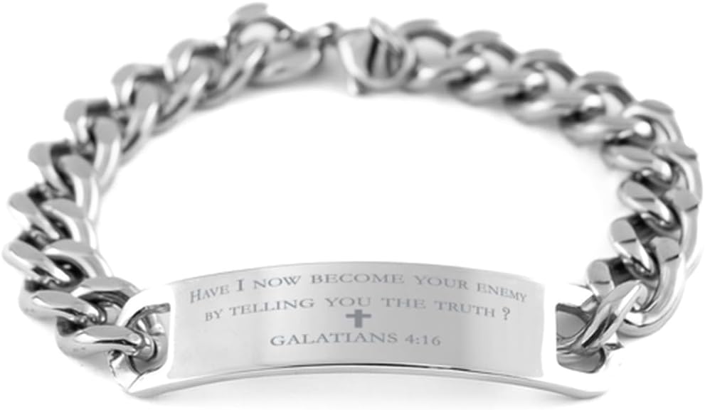 Galatians 4:16, Have I now become your enemy, Cuban Chain Engraved Bracelet, Bible Verse Bracelet, Christian Gifts, Confirmation Sponsor Gifts, Inspirational Jewelry, First Holy Communion Baptism