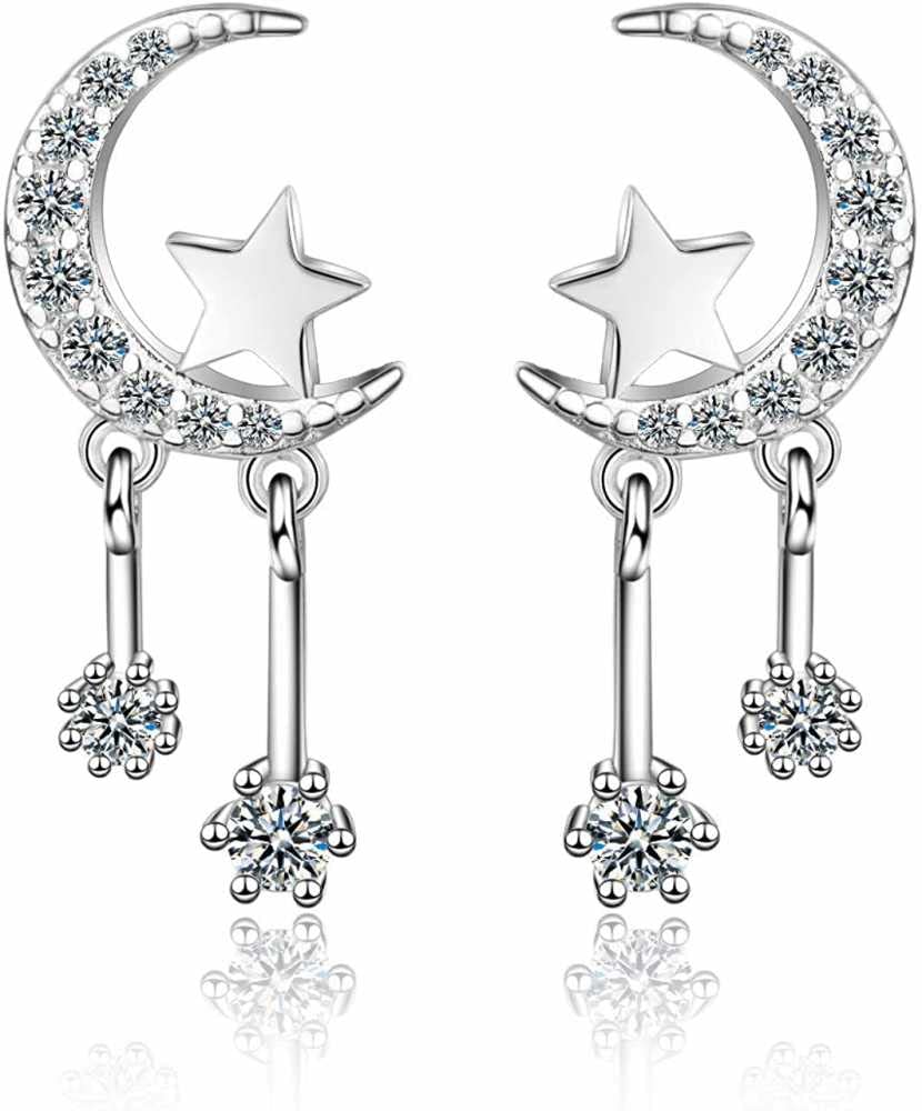 Bling QueenMoon & Star Earrings, Crescent Moon Earrings, Star Earrings for Women Stylish, Stone Drop Earrings, Clip on Earrings for Girls, Gift for Girlfriend, Celestial Jewellery, Trendy Earrings