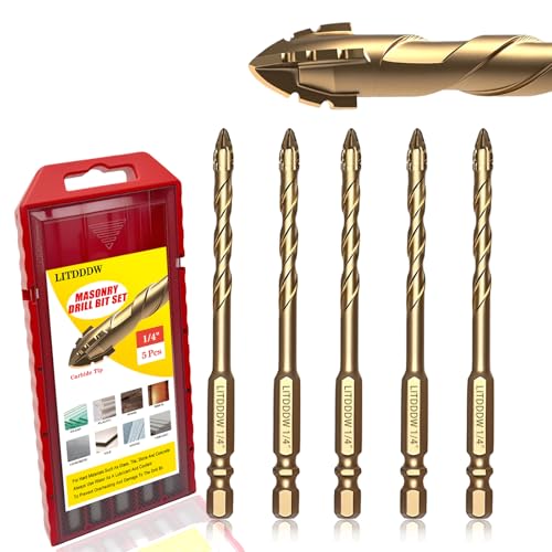 1/4 Concrete Drill Bit Set(5pcs) Four Blade Serrated Masonry Brill Bits for Concrete Tile Brick Cement Wood Glass Suitable for Home DIY Repair