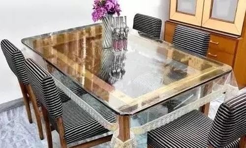 Image of Waterproof Transparent Table Cover | 6-Seater Dining Table Protector | PVC Solid Cover (60 x 90 Inches) Transparent