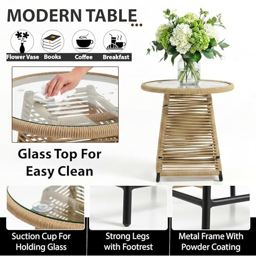 Image of BRISHI 3 Piece Outdoor Patio Furniture Set | Two Seater Woven Rope Patio Chairs with Cushions & Glass Table | All Weather Garden Balcony Conversation Set for Porch, Lawn, Poolside, Backyard (Yellow)
