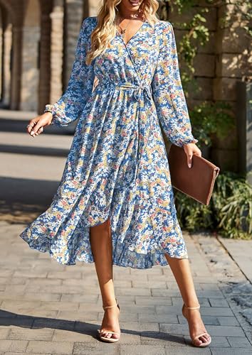 Image of PRETTYGARDEN Women's Floral Boho Dress Fall Long Sleeve Wrap V Neck Ruffle Flowy Maxi Spring Wedding Guest Vacation Dresses