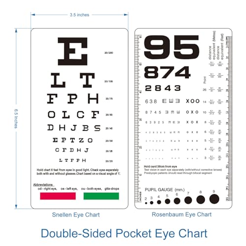 Image of DMCBY Rosenbaum Pocket Eye Chart, Snellen Eye Chart Pocket Size, 6 Feet | Double-Sided Pocket Eye Chart for Eye Exams, 2 in 1, 6.5x3.5 Inches, Plastic Low Vision Eye Charts