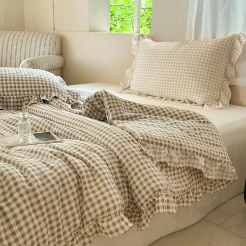 Image of NSNLGSGC Tan Ruffle Gingham Comforter Set King, Pre-Washed Ruffled Taupe Plaid Checked Comforter Bedding, 3 Pieces Vintage Farmhouse Grid Bedding Set(Tan Gingham, King)