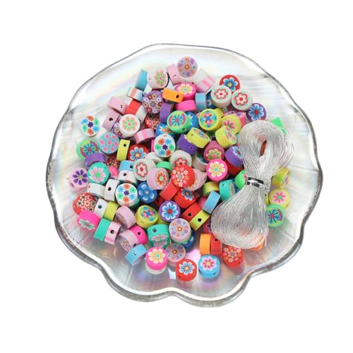 Image of 100Pcs 10MM Polymer Clay Beads, Mixed Flowers Clay Bead Charms for Bracelets Making, Jewelry Making, Necklace and Earring with Elastic String (Mixed Flowers)