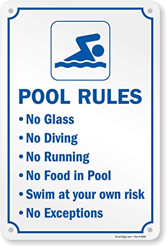 SmartSign-S-7123-AL 18 x 12 inch “Pool Rules - No Glass, No Diving, No Running, Swim At Your Own Risk…” Metal Sign, 63 mil Laminated Rustproof Aluminum, Blue and White